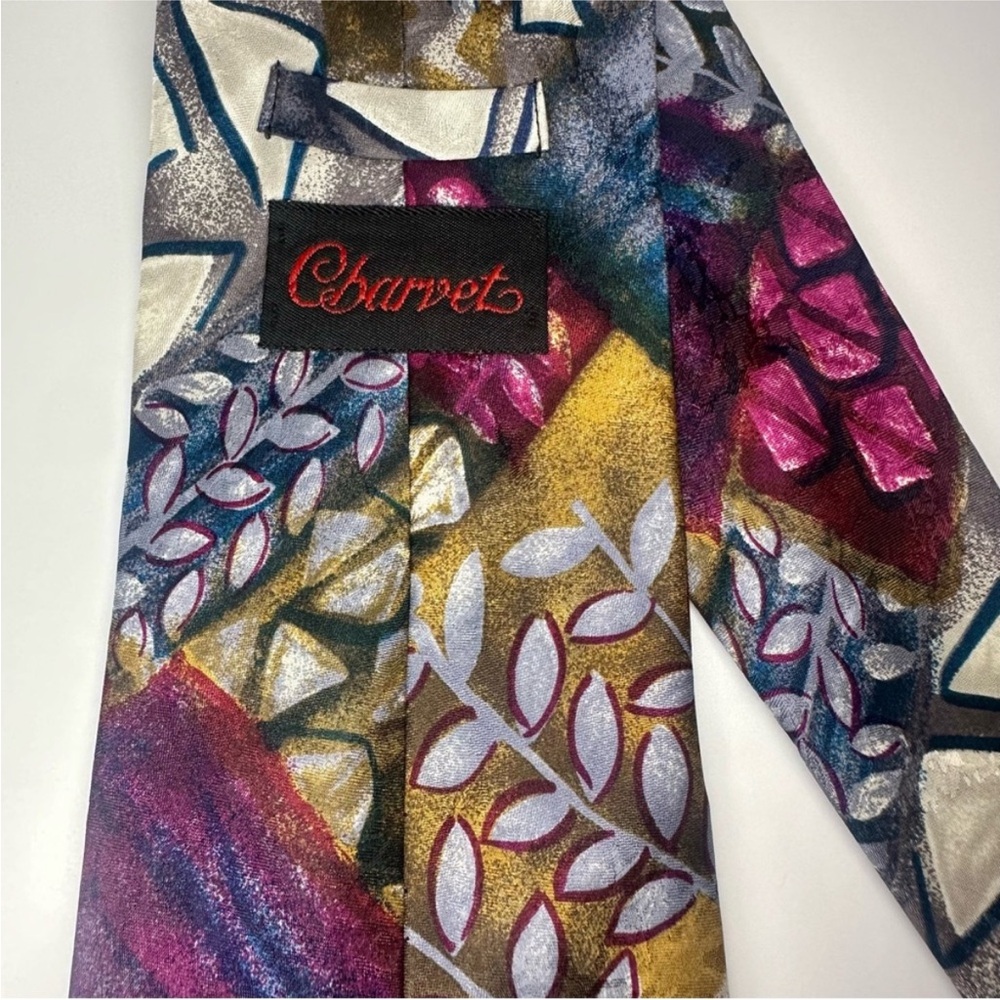 Vintage CHARVET Abstract Floral Jewel-Tone Classic Handmade Silk Tie, 4” - Picture 3 of 7